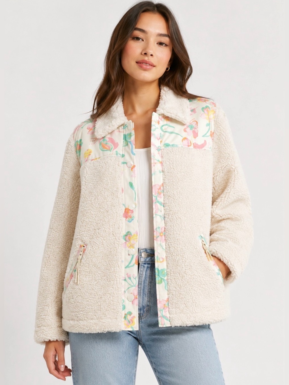 NWT Coach Blocked Floral Sherpa Jacket in White, Size M
